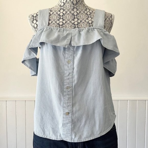 Twig Blue & White Striped Boho Ruffled Cold Shoulder Tank Top Size M - Picture 2 of 10